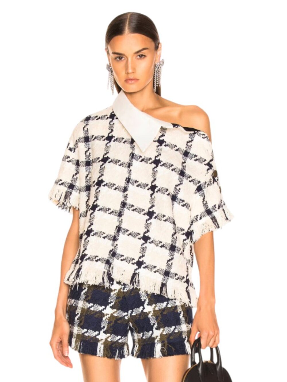 MONSE Shifted Tweed Rugby Top Blouse Shirt Womens Small Ivory Navy Blue Fringe
